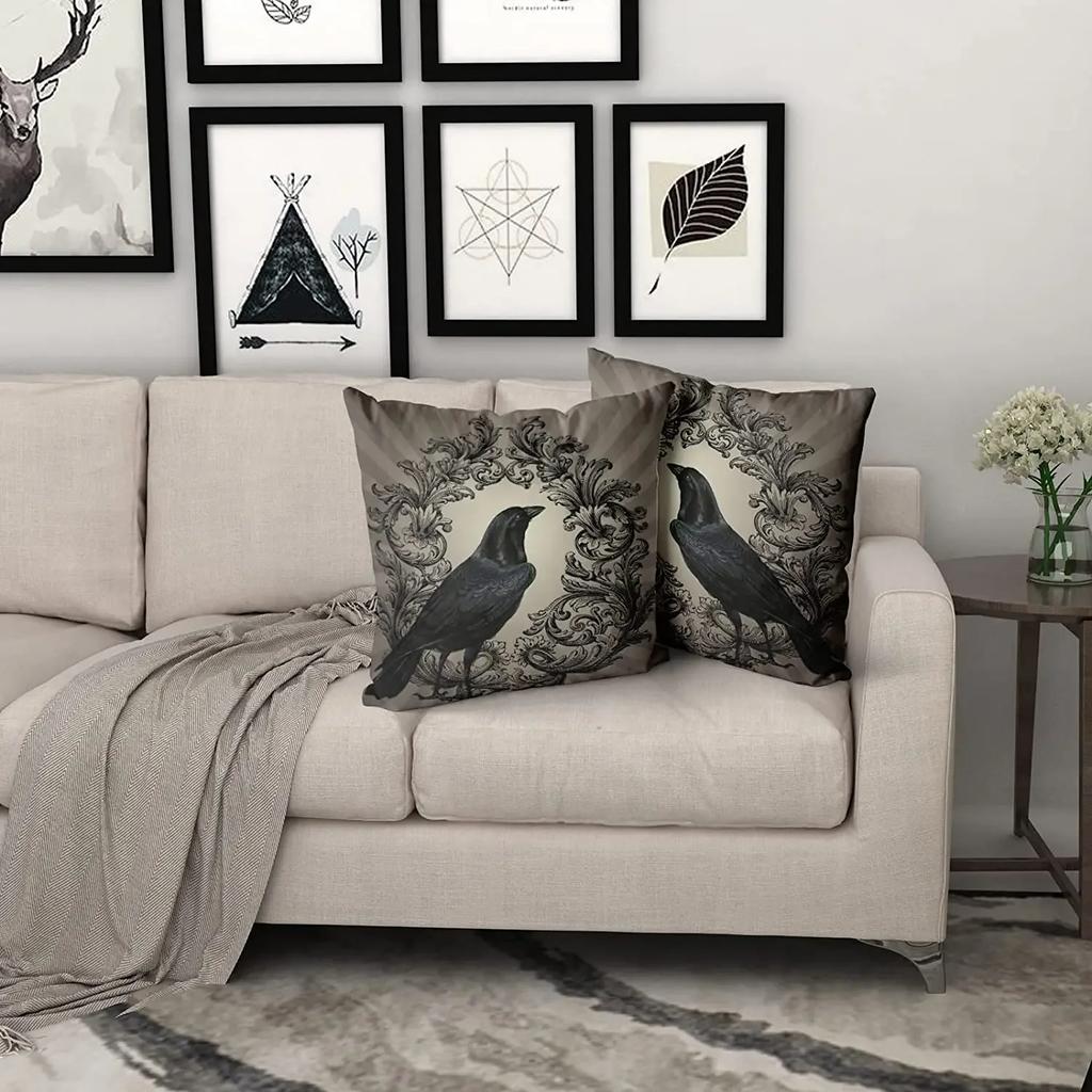 Krähe Kissenbezug Set aus 2 Stück Vintage Krähe Schwarze Blumen Dekoration Dekokissen Kissenbezug für Sofa Couch Büro 18x18 Zoll