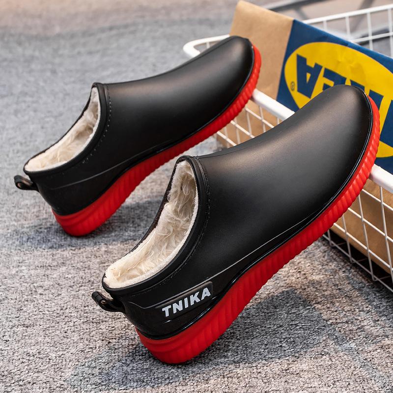 New Rain Shoes Men's Short Tube Fashionable Non-slip Waterproof Chef Work Water Boots Velvet Thick-soled Construction Site Wear-resistant Rubber Shoes