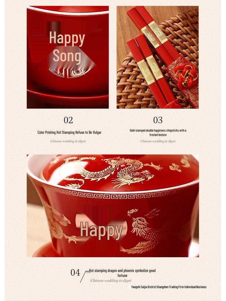 Wedding Tea & Chopstick Set: Red Bowls for Toasting & Happy Celebrations.