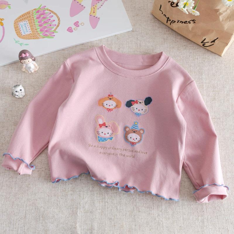 Girls Cotton Long Sleeve T Shirt Spring Autumn Korean Cartoon Print Round Neck Ruffle Hem Baby Top