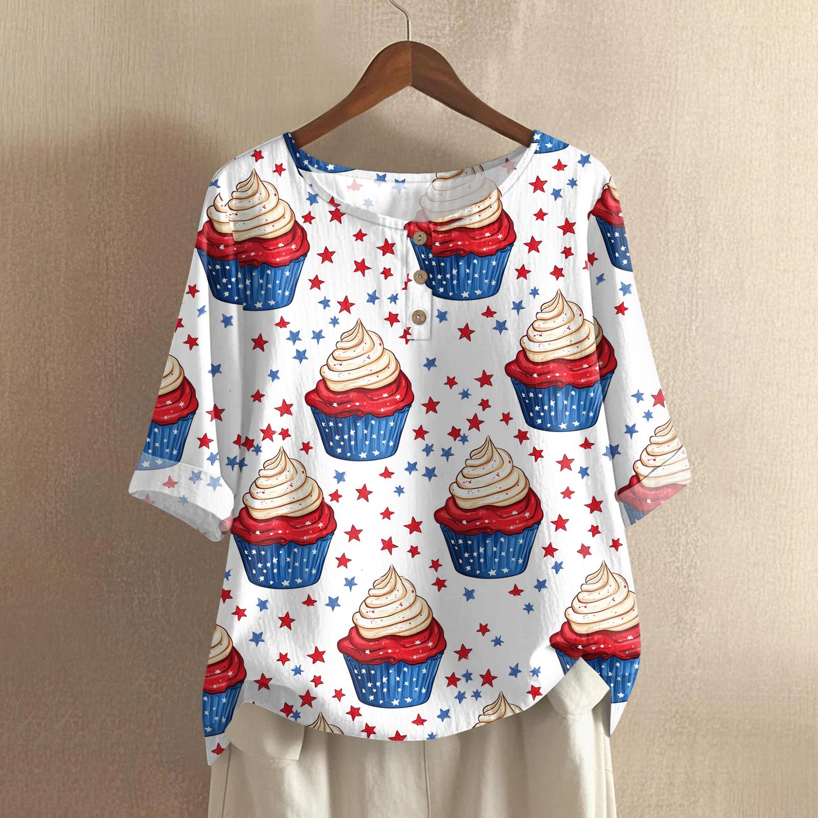 

Women s Fashionable And Casual Shirt Half-sleeve Round Neck Print Cotton And Linen Blouse Top XL білий