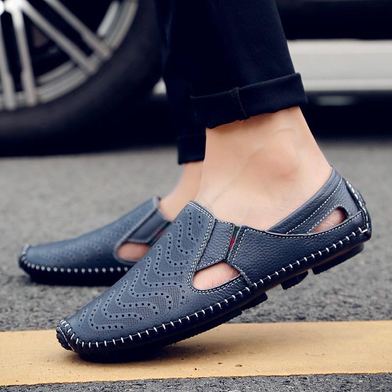 Mote Luksus Herresko Merke Kuskinn Fritidssko Håndlagde Lærsko Mokasiner Sommer Utstansede Sandaler Herre Baotou Halvtøfler