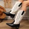 Western Cowboy Boots Women's Coarse Heel Autumn and Winter Embroidery Skinny Medium Heel Boots Medium Heel Pointed Color Matching Knight Boots