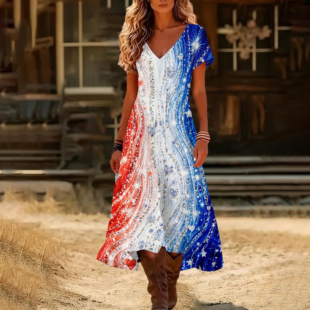 Women’s Short Sleeve V Neck Maxi Dress with Floral Print and Flag Pattern Casual Loose Fit Summer Dress