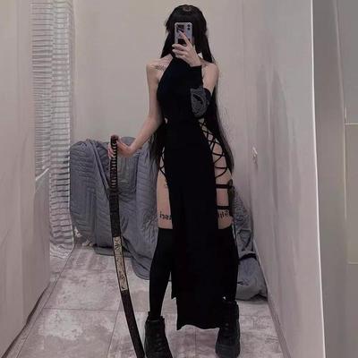 Goth Dark Cosplay Hoher Schlitz Sexy Bandage Damenkleider Y2K Mall Gothic Neckholder Slim Midi Kleid Schwarz Grunge Stil Alt Partykleidung