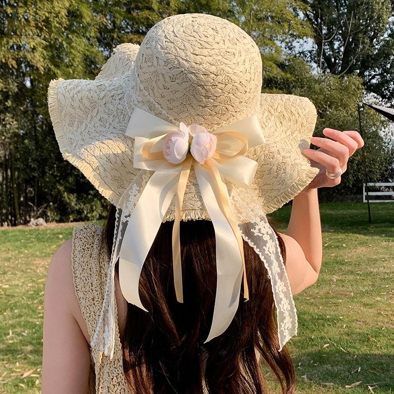 Summer Bow Sun Hat Female, Seaside Beach Vacation Sun Hat Outdoor Big Brim Sun Hat Sweet Straw Hat