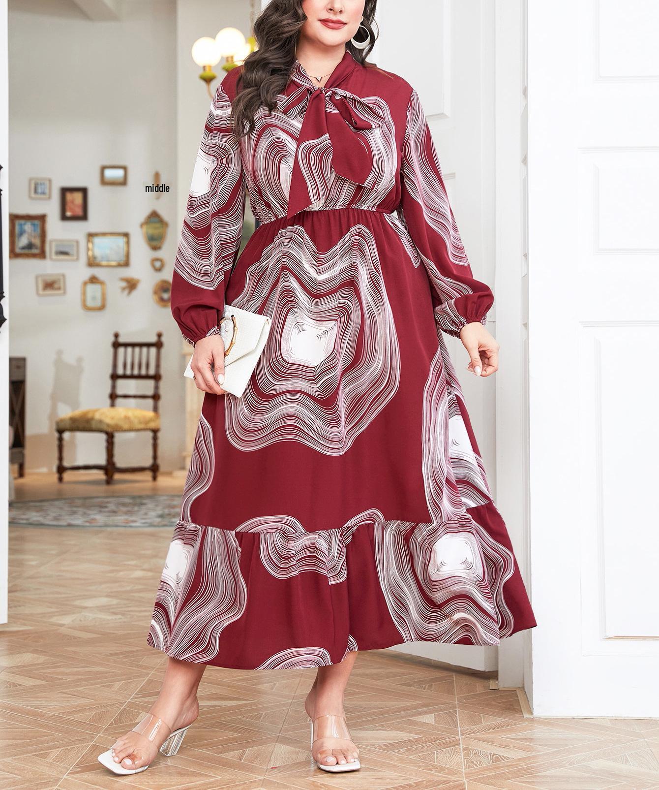 

European & American V-Neck Bow Knot Dress - Long-Sleeved, Printed, Elegant Women s Clothing for Spring & Autumn. 2XL вино красного