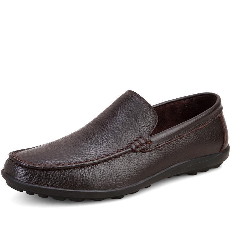 Men s Round Toe Cowhide Leather Slip-On Loafers - Breathable, Flat Casual Shoes for Dad 40