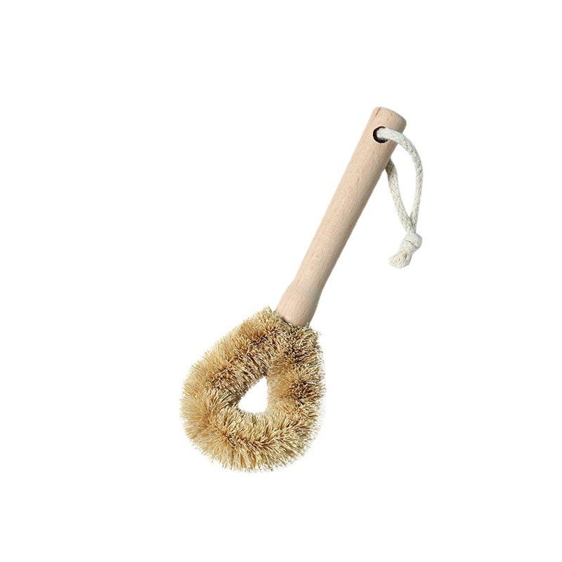 KOMEKI Natural Brown Wooden Handle Hair Pot Brush - Zakka Style Kitchenware for Cleaning Plates, Bowls, and Cups.