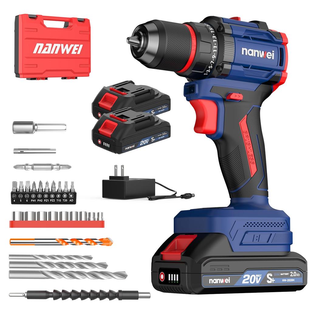NANWEI Electric Rechargeable Drill Driver for Brushless Torque Stepless Speed Maximum 50 Compact and LED Includes Two Ah for and Screwdriver, Makita,
