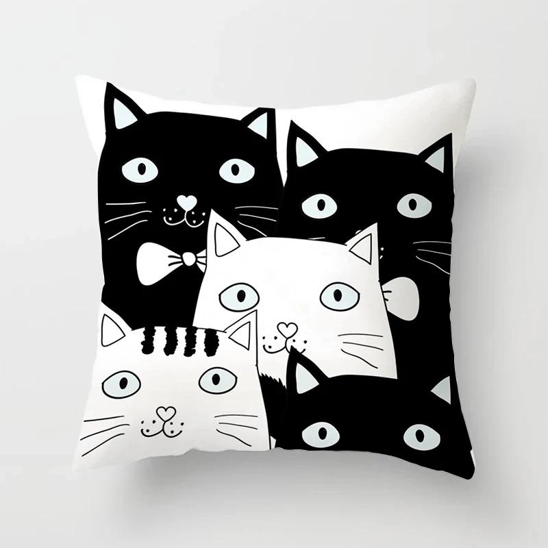 Black and White Funny Cat Cartoon Pillow Sofa Decoration Cushion Cover Car Living Room Bedroom Home Decor