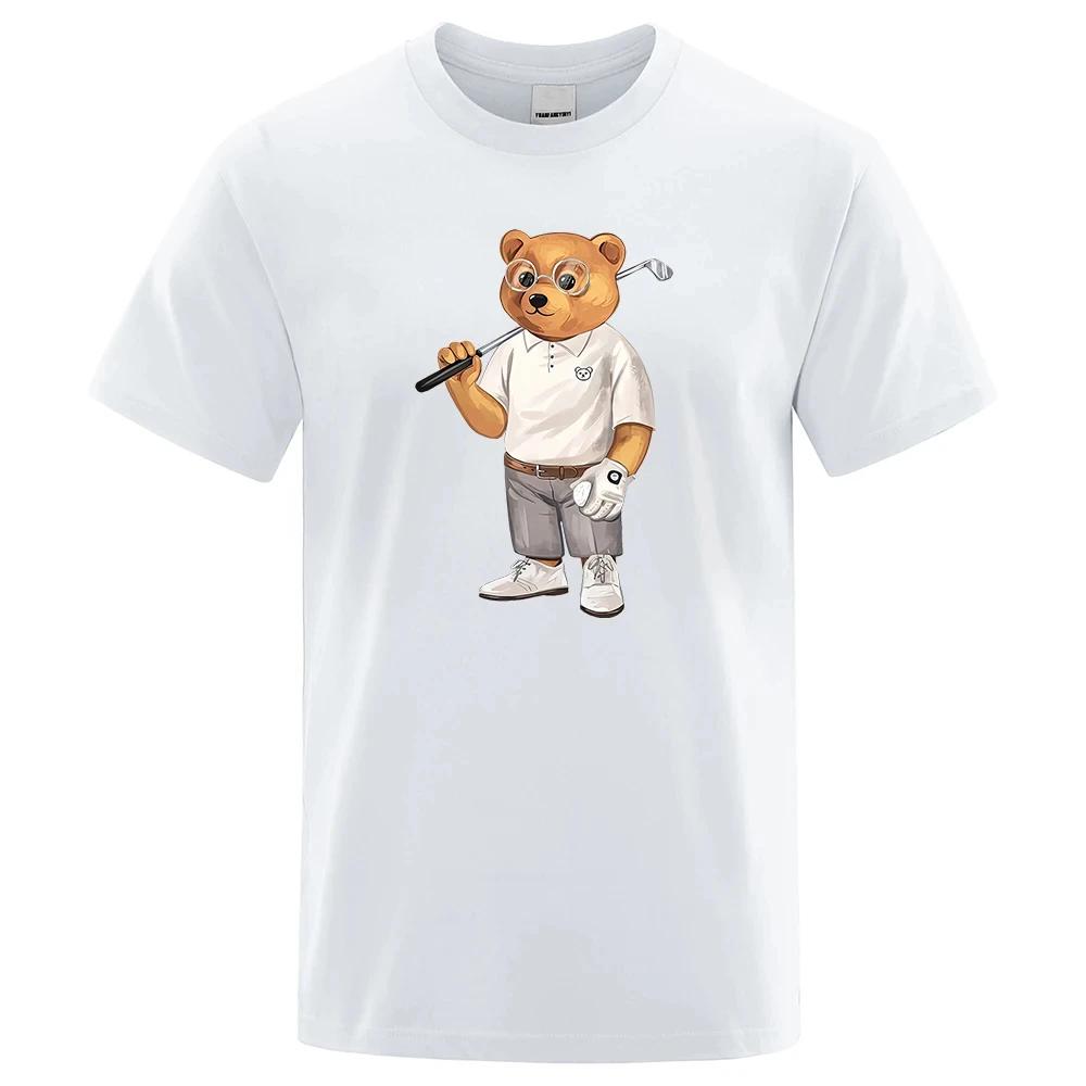 Gentleman Teddy Bear Playing Golf Men T Shirts Summer Cotton Sweat T-Shirts Breathable Loose Hip Hop Street Short Sleeve 80413