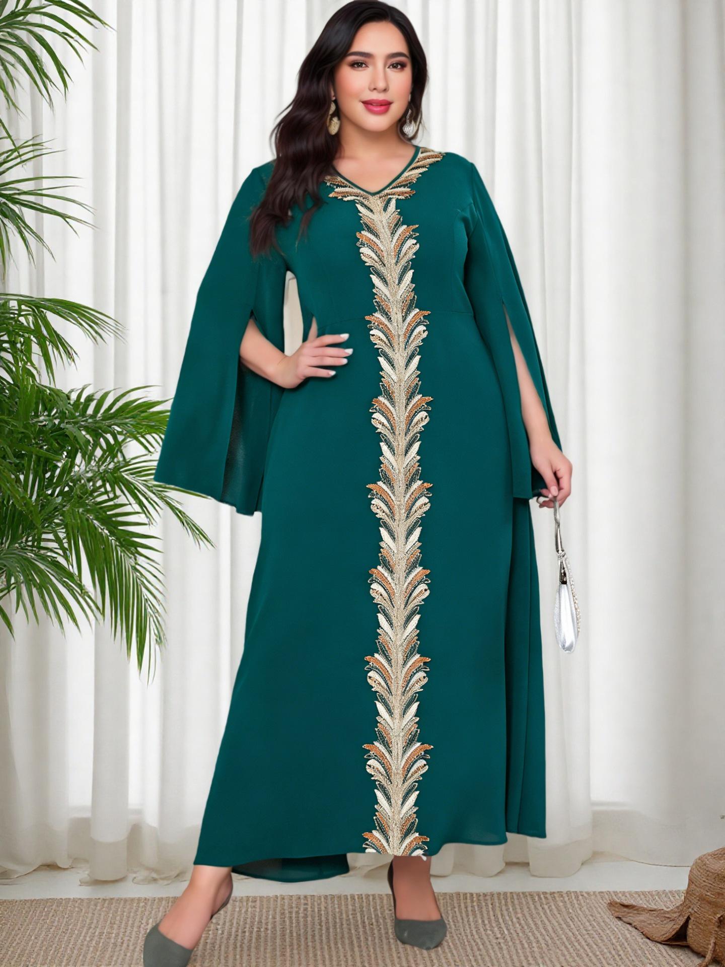 Plus Size Dark Green V-Neck Bell Sleeve Long Robe Dress for Women 3XL зелёный