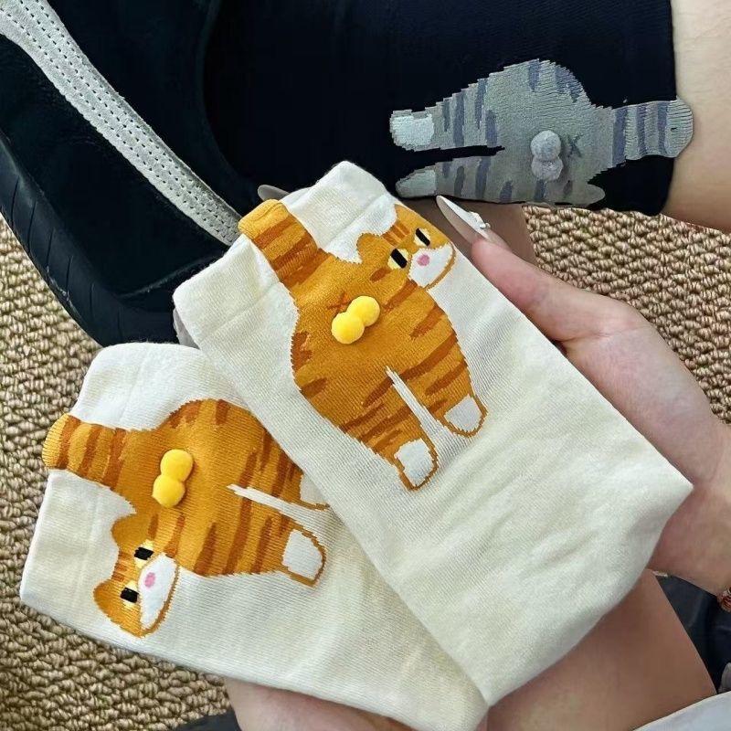 1-10pairs Women Cat Egg Socks Mid Tube Warm Cute Funny 3D Cat Design Winter Cozy Socks for Halloween Christmas Gift Wear