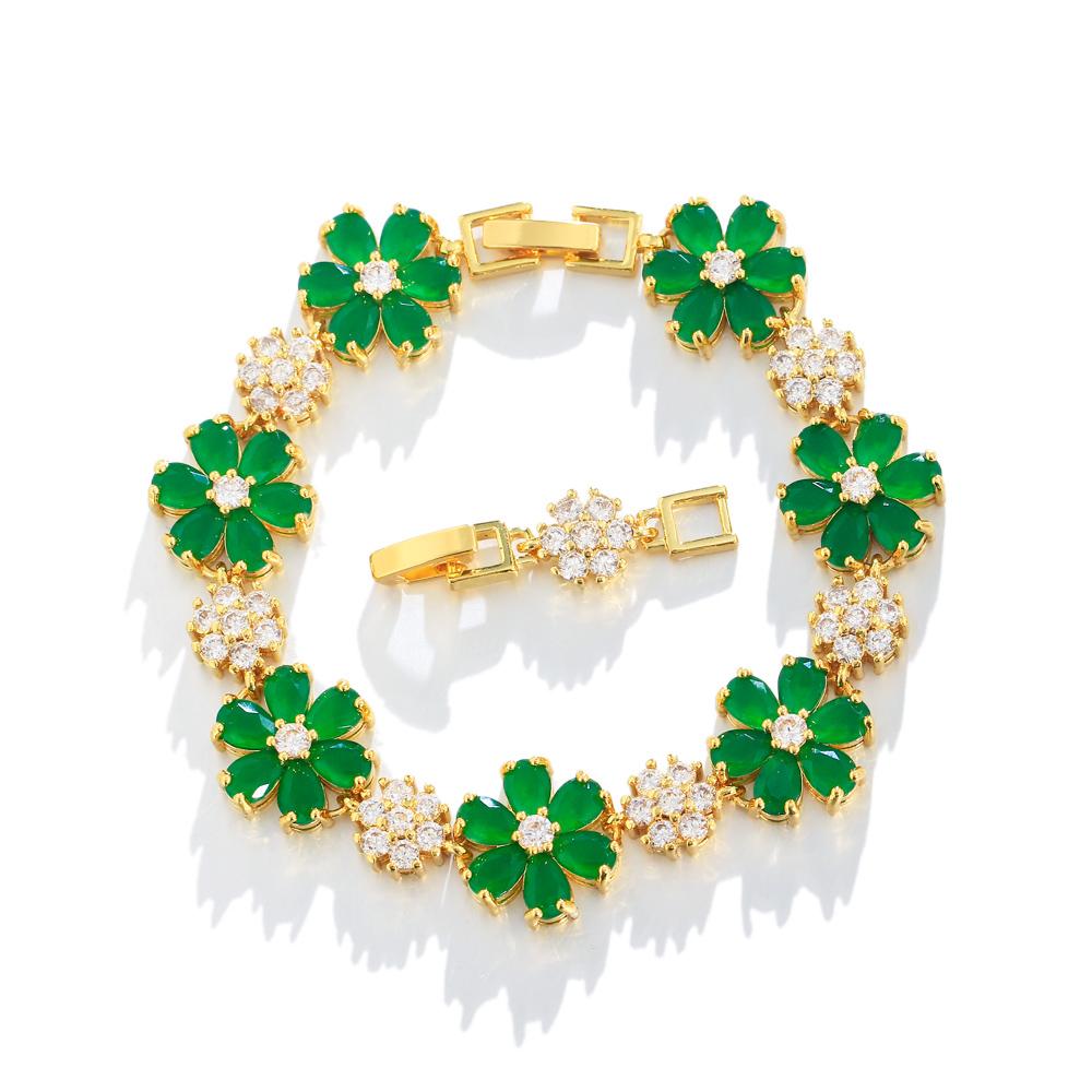 CMM Gorgeous Gold Color Green Cubic Zirconia Flower Charm Link Women Wedding Party Bracelets Jewelry Gift