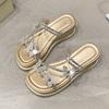 Rhinestone Bow Thick-bottomed Cool Slippers Women's 2025 Summer New Outer Wear Fashionable Versatile Slope Heel Muffin One-word Drag