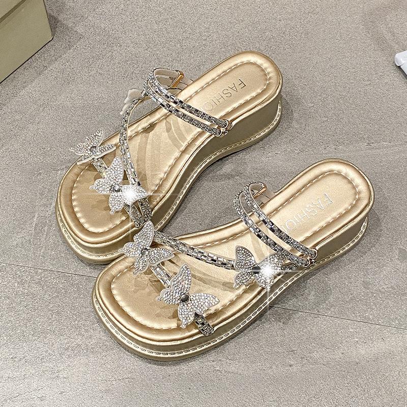 Rhinestone Bow Thick-bottomed Cool Slippers Women's 2025 Summer New Outer Wear Fashionable Versatile Slope Heel Muffin One-word Drag