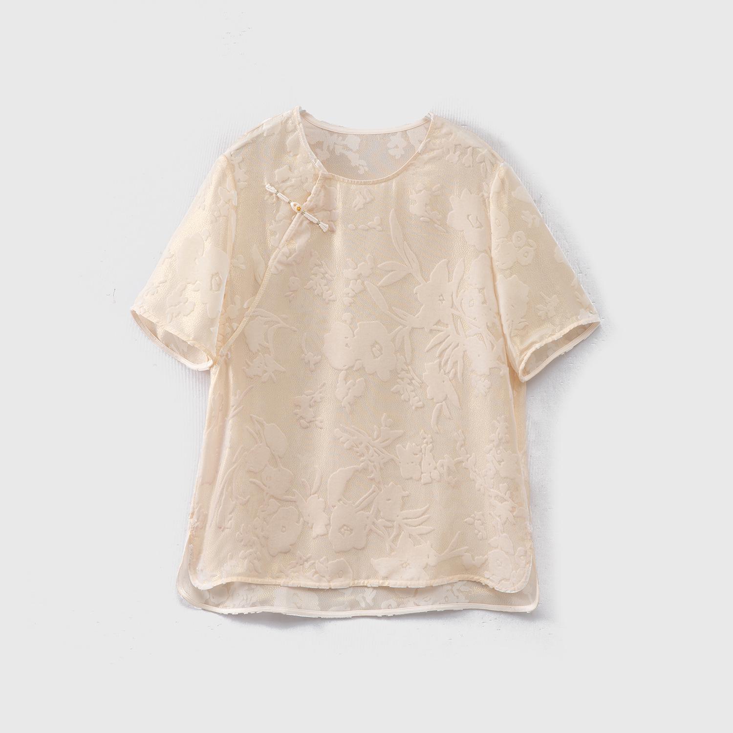

In Stock Women s Gold Silk Velvet Top with Gold Thread Burnout, Mulberry Silk, Chinese Style Oblique Collar, Loose Fit. Medium білий