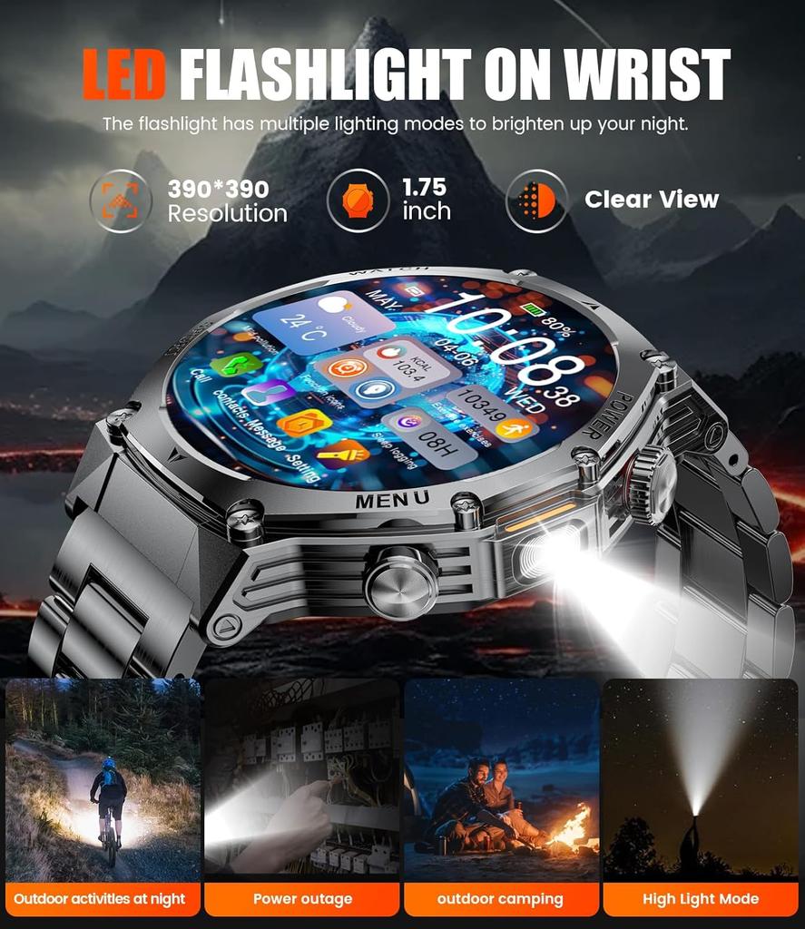 Military Smart Watch for Men 800mAh Smart Watches with LED Flashlight for Android/iOS Bluetooth Call Fitness Tracker with Heart Rate/Sleep Tracking