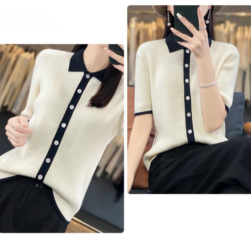 IHUASU Cotton Knitted Cardigan Short-sleeved T-shirt Women's Summer Slim Versatile Bottoming Outside Wear