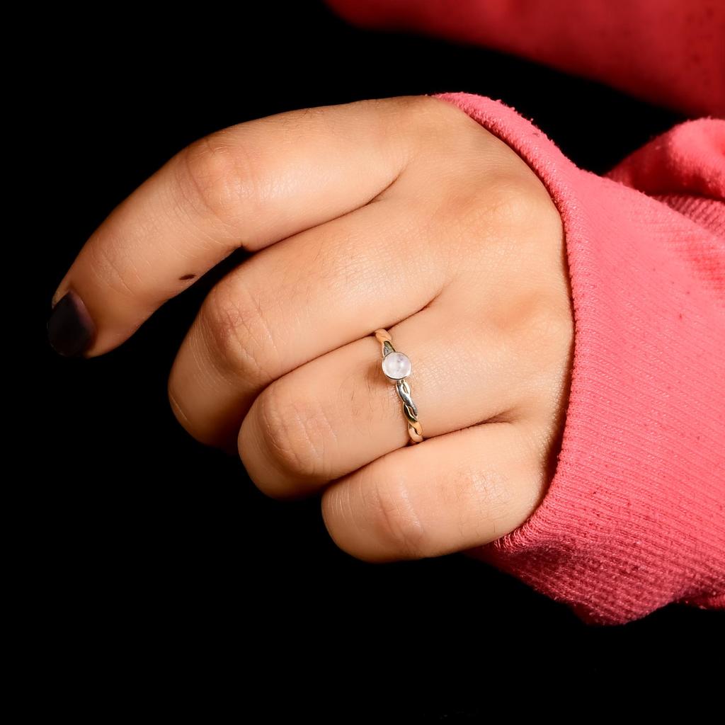 Moonstone Twisted Band 925 Sterling Silver Two Tone Ring, Minimalist Moonstone Ring, Handmade Stacking Ring, Gift for Her