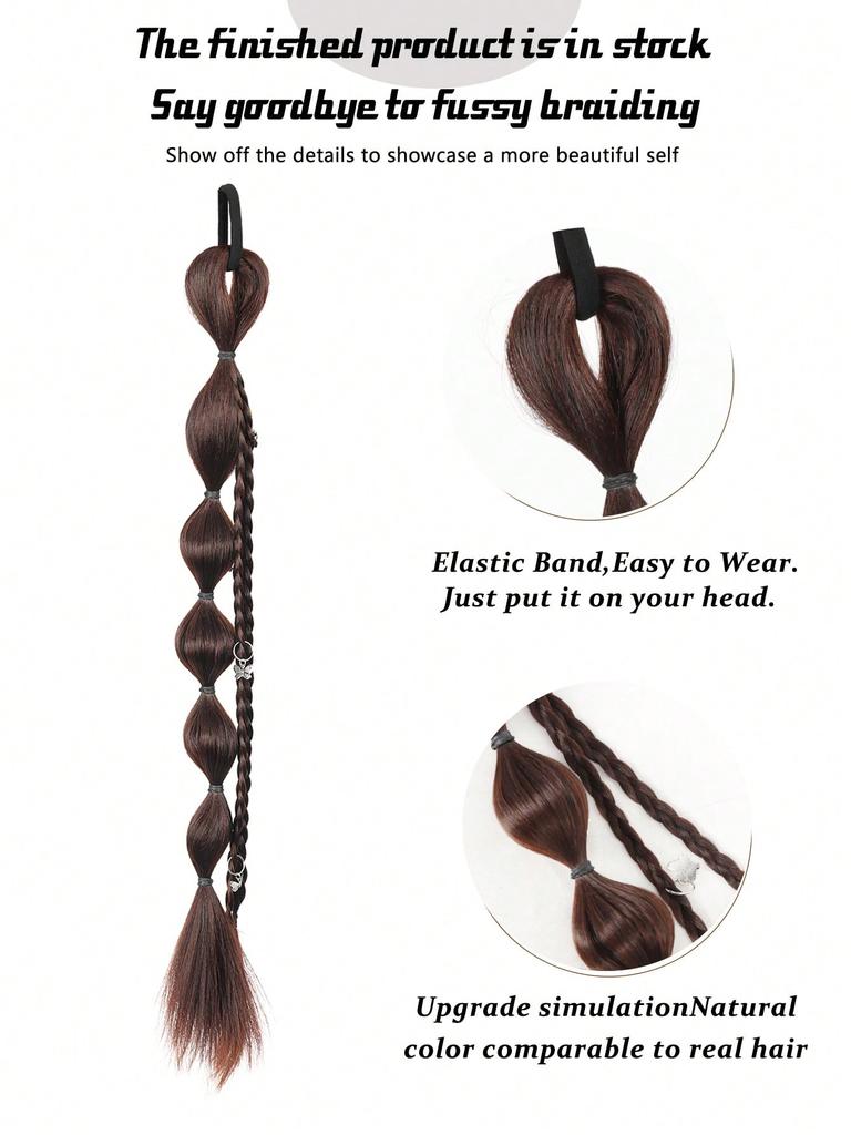 Perucă din coadă de cal cu împletitură cu bule naturale, păr lung și drept, cu banda de cauciuc Moda naturală