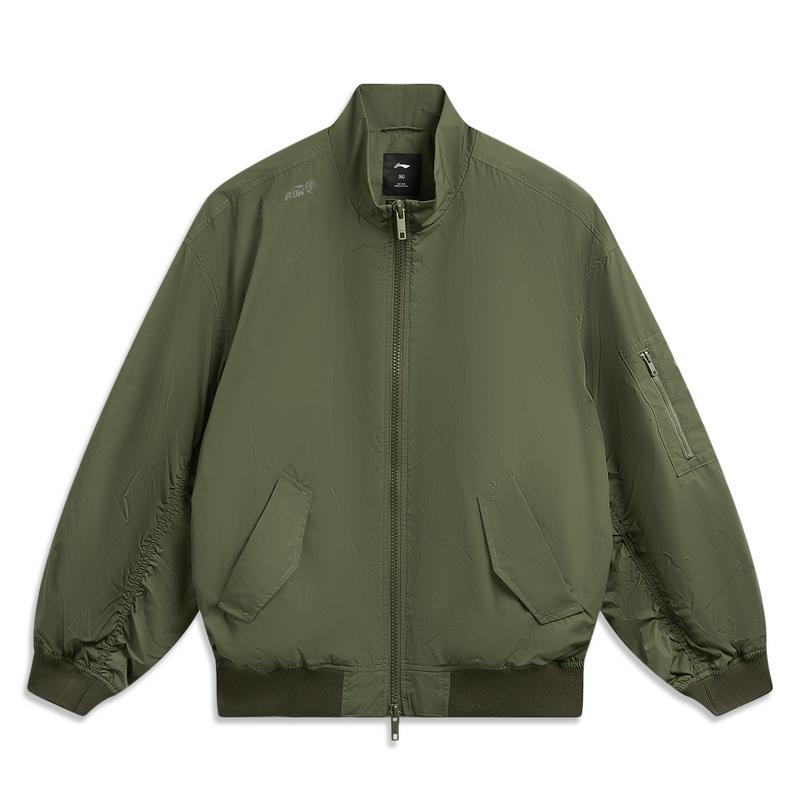 Li Ning Outdoor CF Ретро Стойка Воротник Двойная Молния Водонепроницаемый Плетеная Свободный Крой Спортивная Летная Куртка Унисекс куртки Темно-Оливково-Зеленый AJDW243-2