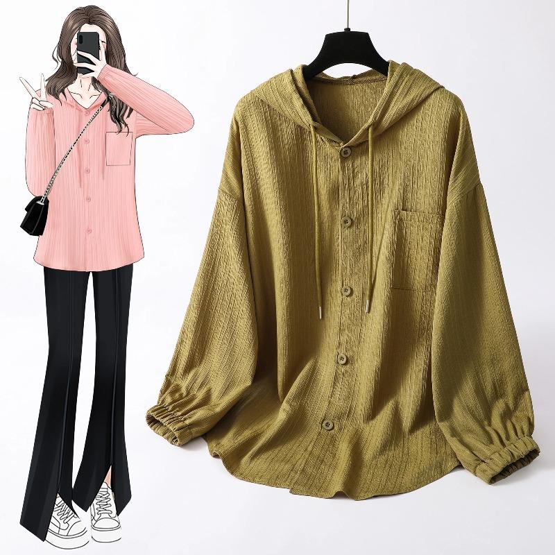 Long Sleeve Lightweight Loose Women Shirt Hooded Sun Protection Versatile Blouse Spring Autumn Retro Casual Solid Shirt