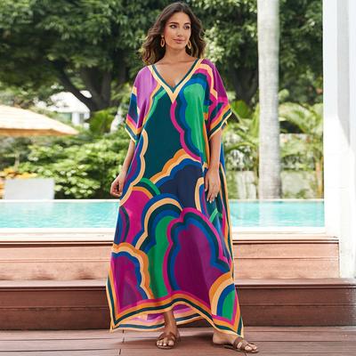 Beach Dresses Printed Kaftans for Women Summer Holiday Batween Sleeve Loose Maxi Robe Bathing Suits Beachwear