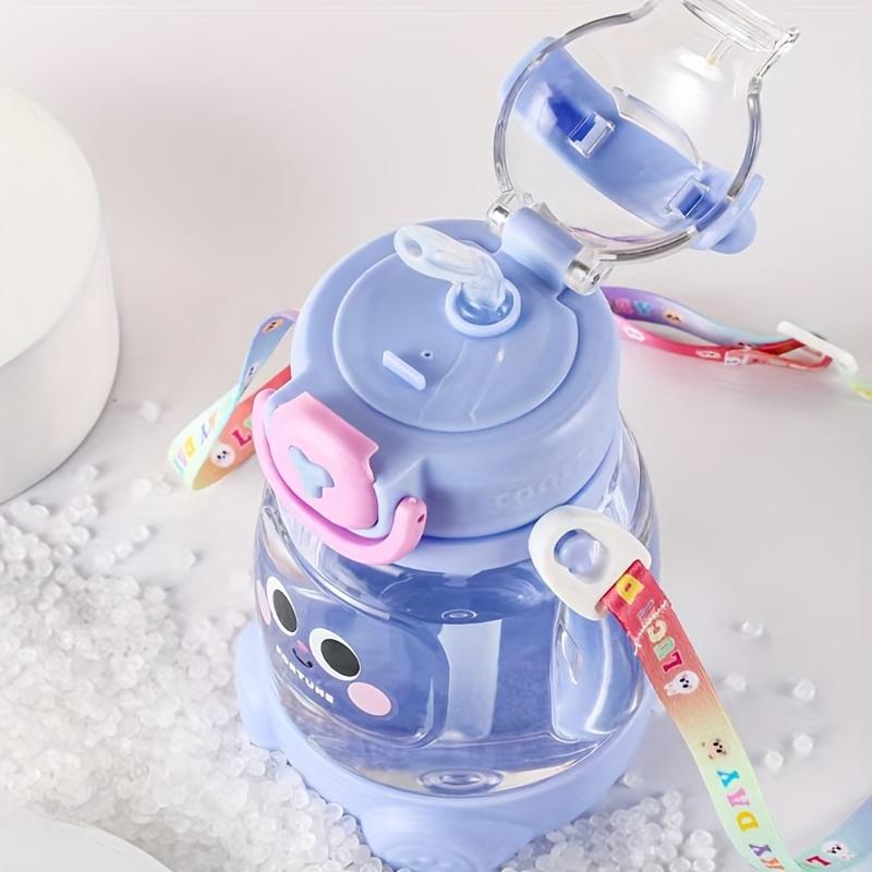 Cute Cartoon Student Water Bottle 600ml/20.29oz Food-Grade Material Portable with Straw and Strap for Travel Sports 1 Pack