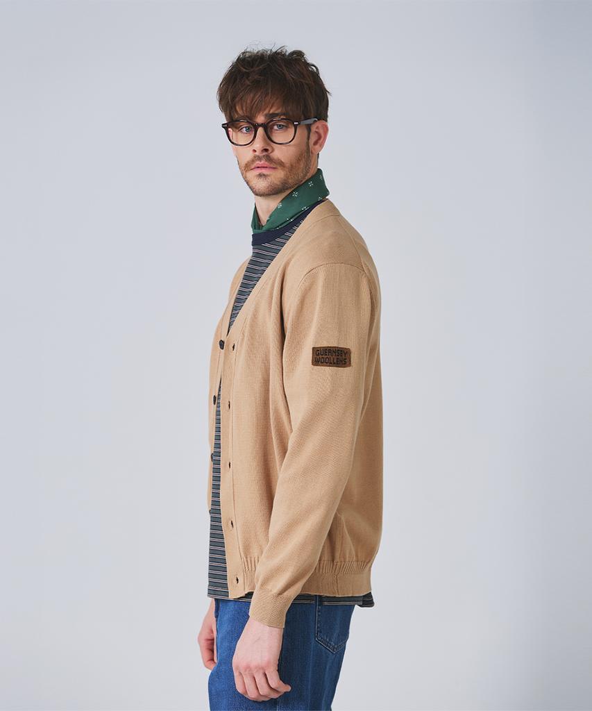 Guernsey Woollens Cotton V-Neck Cardigan - Light Camel
