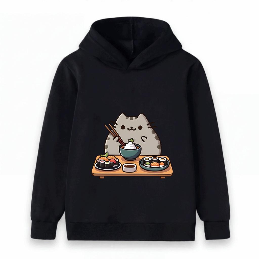 Kids Boys Girls Hooded Pullover Sweatshirt Cute Cartoon Cat Sushi Pattern Casual Soft Pullover Top for Daily Wear Gift for Sushi Lovers