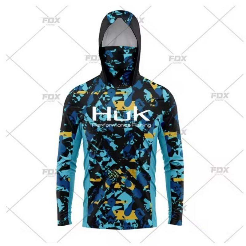 HUK Fishing Shirts Long Sleeve Hooded Face Cover Wear Outdoor