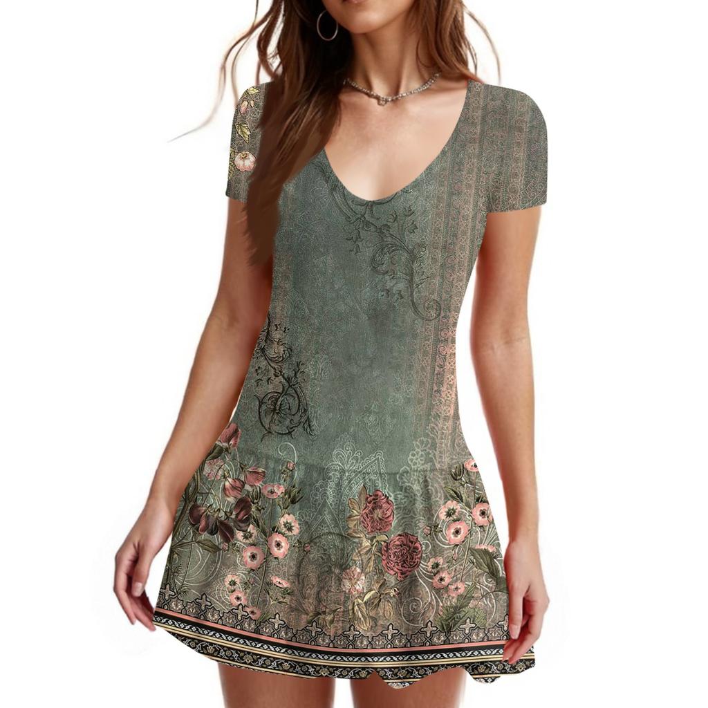 Women's Fashion Sexy Printing Short Sleeve Round Neck Bubble Hem  Dress