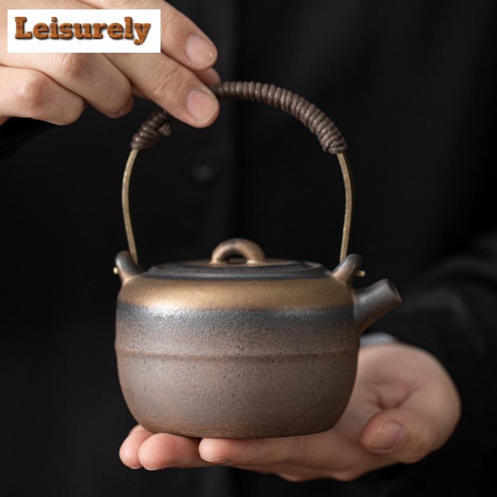 230ml Ancient Early Fired Rough Pottery Teapot Gilded Iron Apple Lifting Beam Pot Tea Maker Kettle Vintage Drinkware Collection