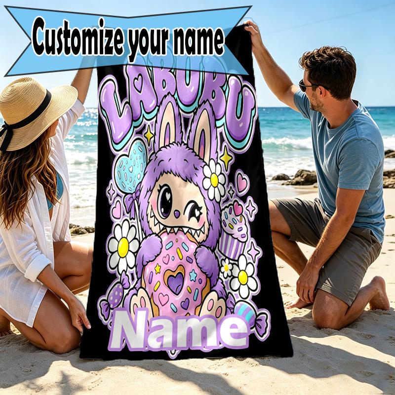 Custom Name Personalized Labubu Print Beach Towel, for Trip Camping Beach Party Home Decor, Birthday Gift for Family & Friends