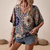 Summer new printed T-shirt bat sleeve women's shirt top V-neck short sleeve