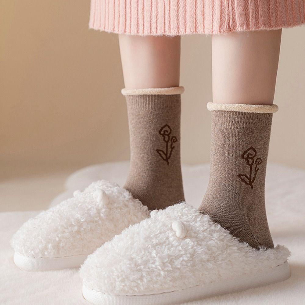 

Thickened Flower Pattern Home Solid Color Women Hosiery Middle Tube Socks Floor Socks Winter Socks
