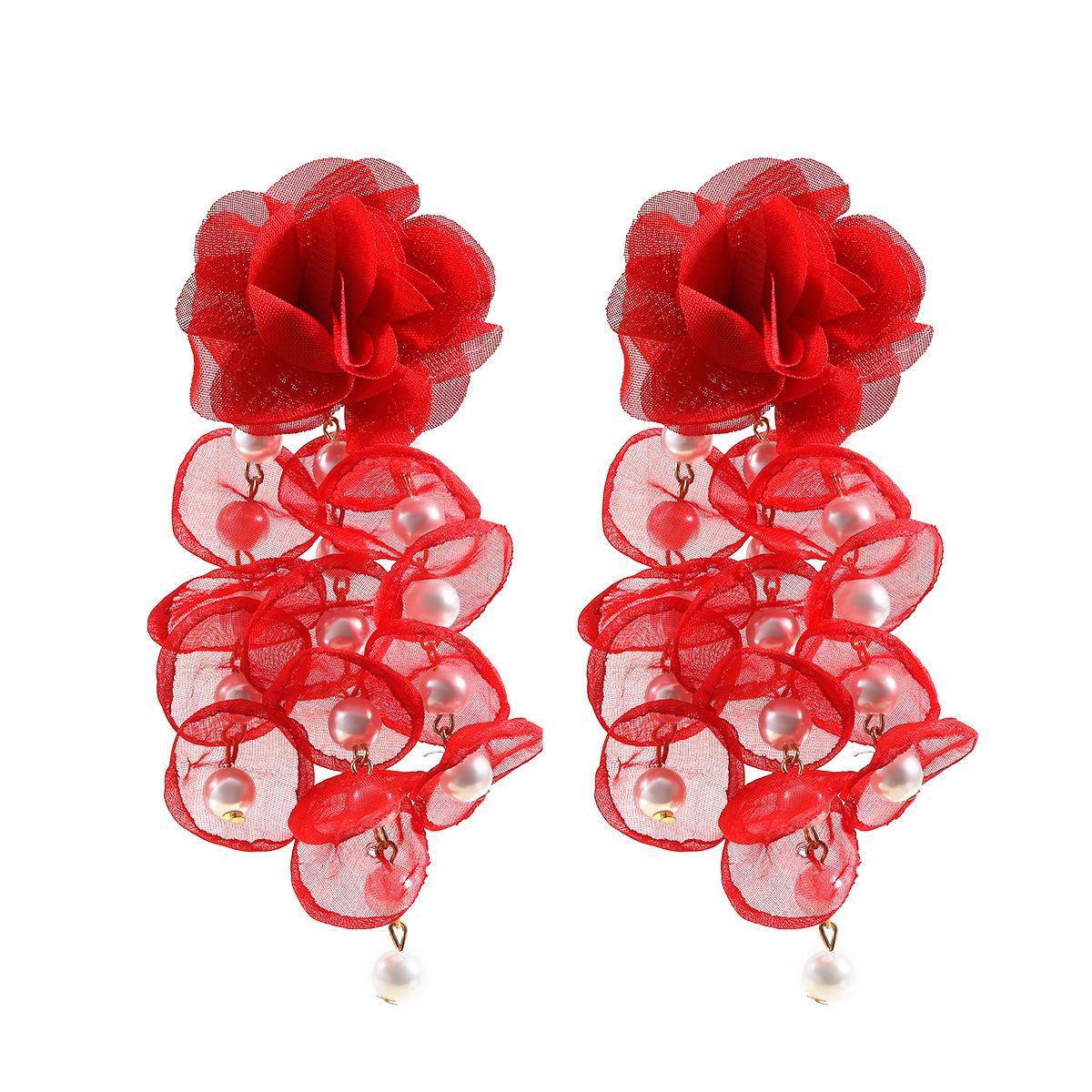 

Summer New Floral Earrings Exaggerated Earrings Women s Bohemian Fabric Set with Pearl Flower Fringe Accessories красный