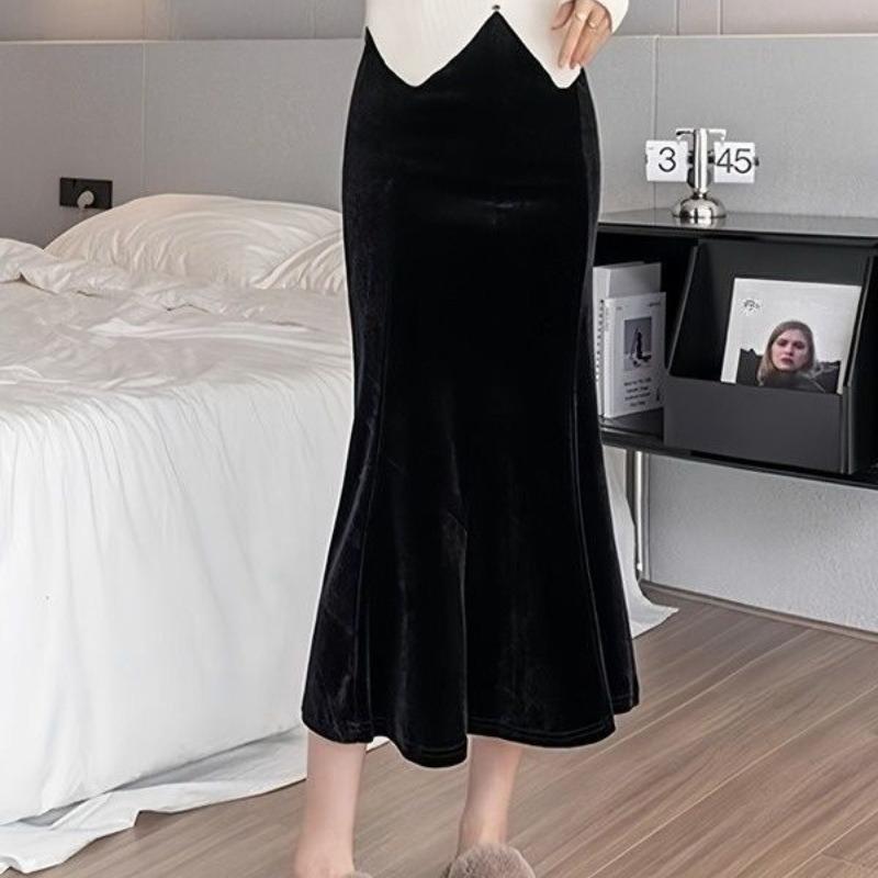 

Бархатная юбка женская осенняя корейская облегающая драпированная с высокой талией стройнящая черная юбка-русалка 2XL чёрный