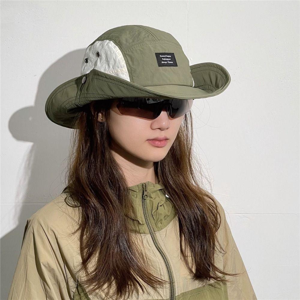 Cotton Drawstring Fisherman Hat Splicing Color Hiking Hat Wide Brim Sun Hat Mountaineering