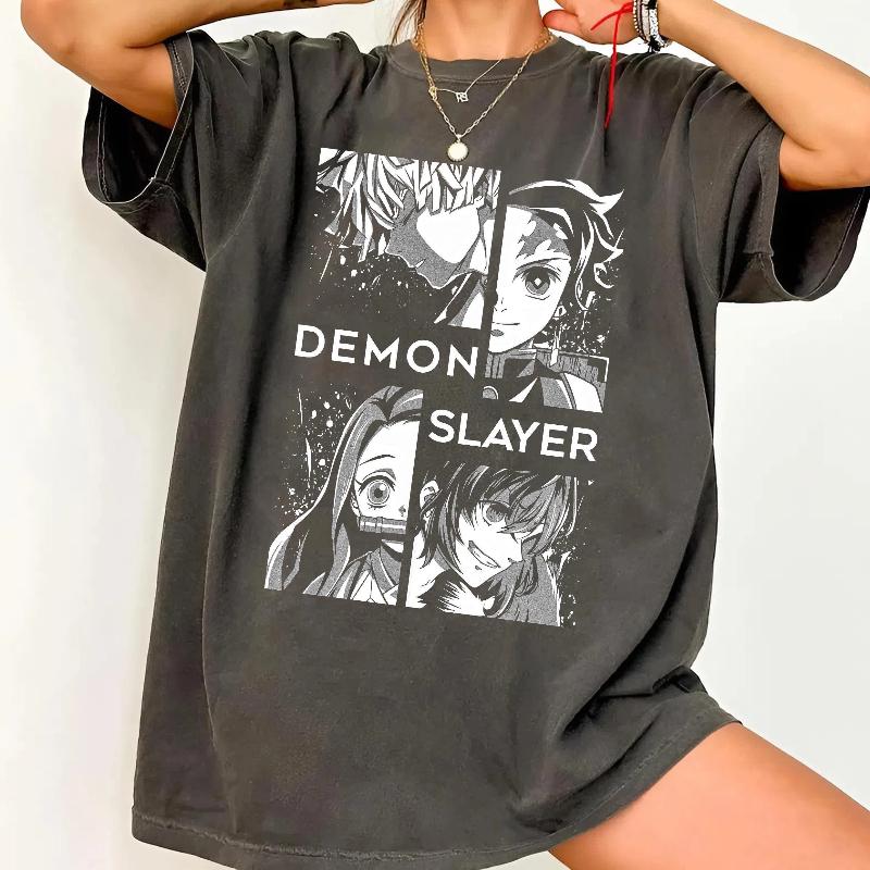 Latest Demon Slayer T-Shirt Tanjiro Nezuko Zenitsu Inosuke Anime Graphic Tee, Kimetsu No Yaiba Shirt XS