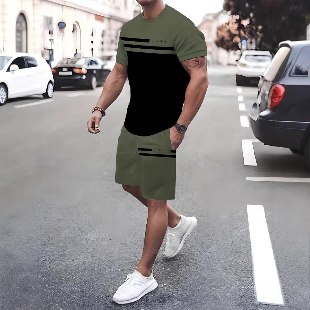Daily Casual Summer Lightweight Soft Men s Short Sleeve Shorts Simple Set Striped Splicing Unisex Sports Clothing S