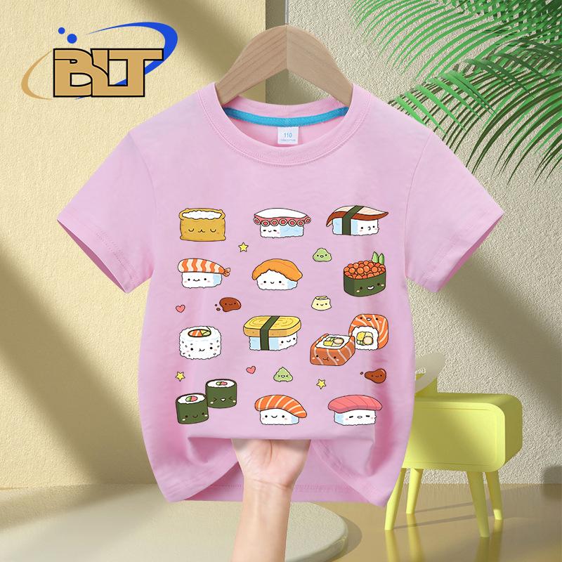 Kawaii Japanese Sushi printed kids Tshirt summer pure cotton shortsleeved casual tops for boys and girls