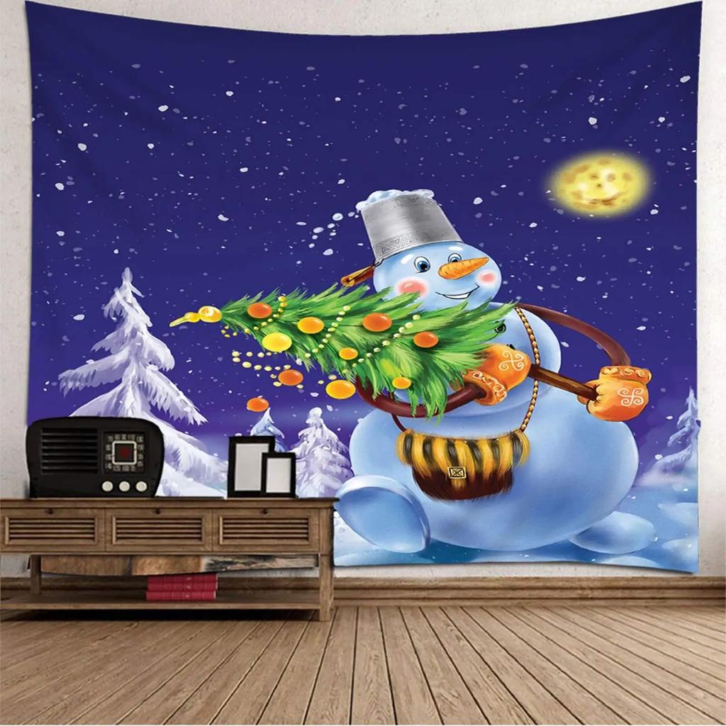 Snowman Snowflake Merry Christmas Tapestry New Year Winter Party Tapestry Wall Hanging Decor for Home Living Room Bedroom Dorm
