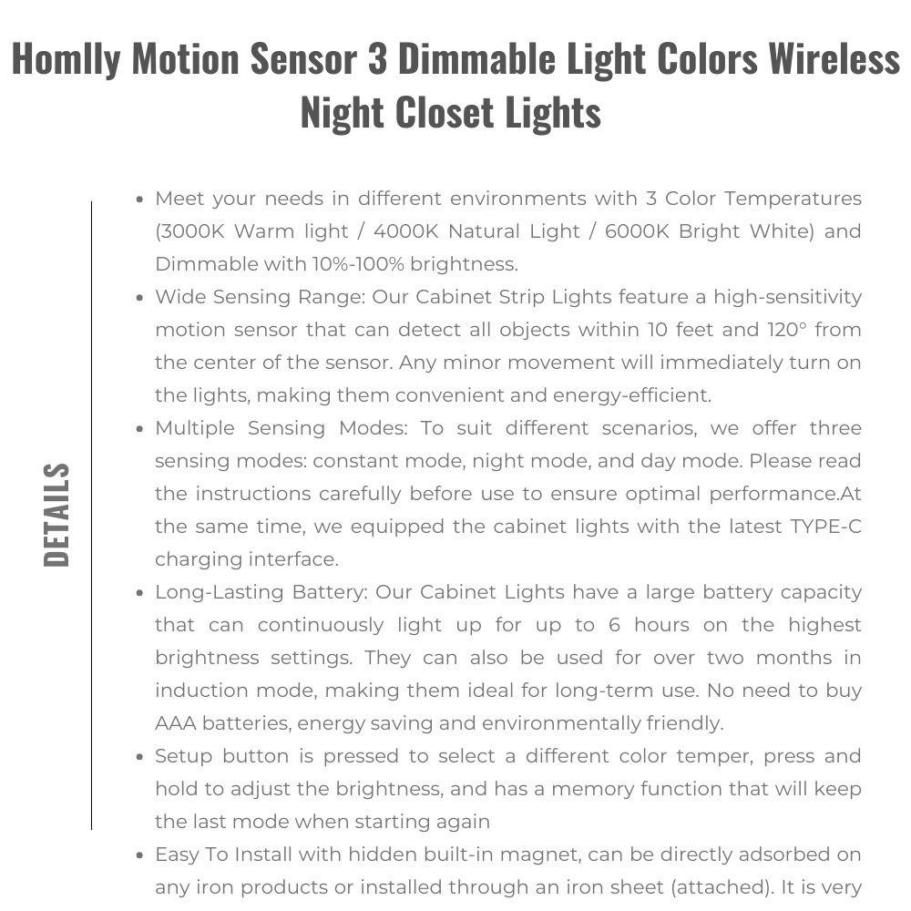 Homlly Motion Sensor 3 Dimmable Colors Wireless Night Closet Cabinet Kitchen LED Lights (X3 PCS)