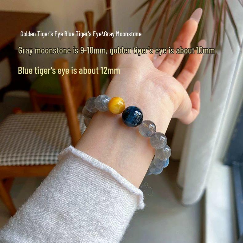 Elegant Gray Moonstone & Blue Gold Tiger Eye Bracelet for Women - High-End Multi-Gemstone Crystal Design 15cm