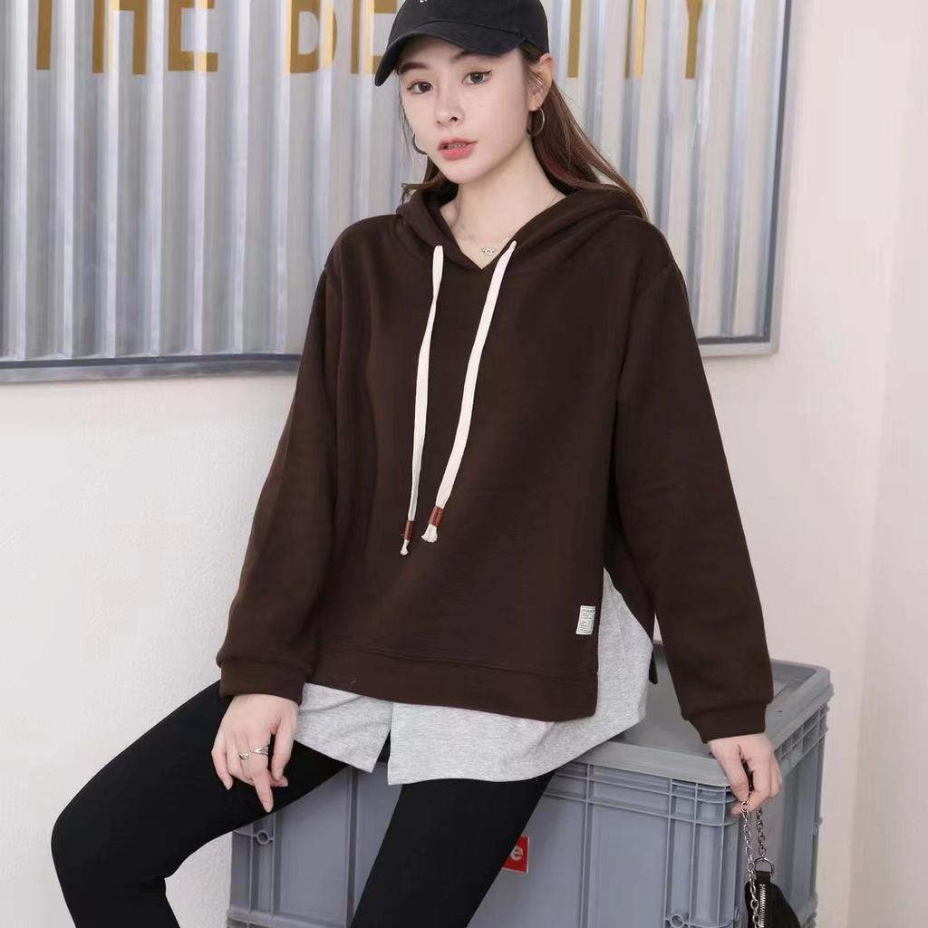Dimanaf 2023 New Plus Size Women Hoodies & Sweatshirts Full Sleeve Patchwork Loose Solid Casual O-Neck Autumn Basic Tops 2023 Hat T-Shirt New Pullover