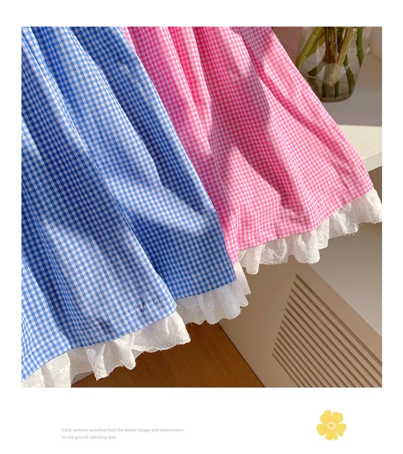 Plaid Princess Dress with French Doll Collar, Lace Trim, Flutter Sleeves, Bow, Summer 2026 Style for Girls.