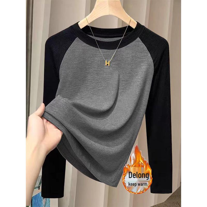 Women's Color-Block Long-Sleeve T-shirt with Raglan Sleeves, Round Neck, and Thick Brushed Cotton for Layering.